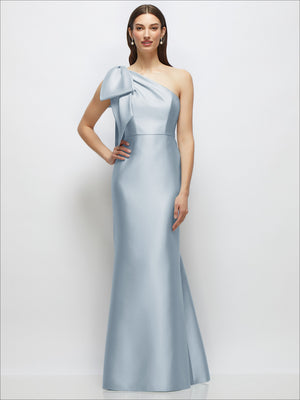 Light blue one-shoulder satin maxi dress with draped shoulder bow detail