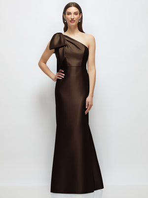 Brown one-shoulder satin maxi dress with bow shoulder and trumpet skirt