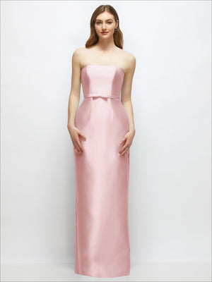 Strapless satin column dress with skinny belt and bow trim, light pink