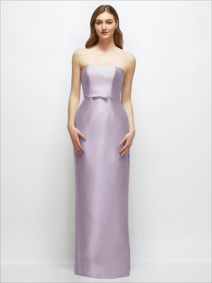 Light purple strapless satin column dress with waist bow-trimmed skinny belt