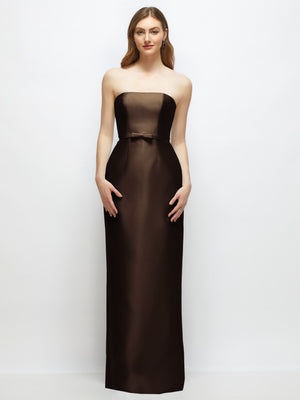 Strapless satin column dress with skinny belt and bow trim, dark brown front view