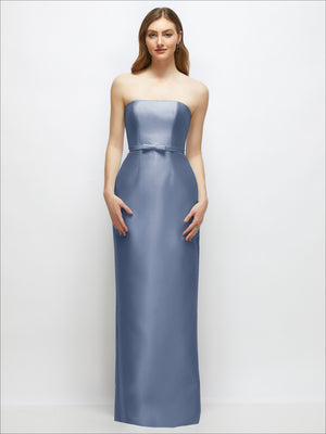 Dusty blue strapless satin column dress with bow-trimmed skinny belt