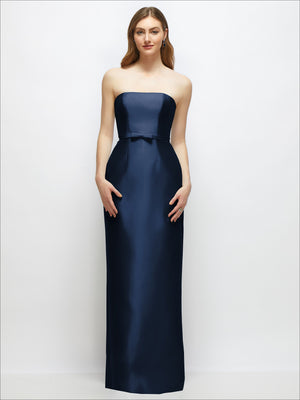 Strapless satin column dress in dark navy with skinny bow belt, front view