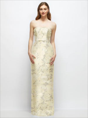 Cream floral strapless satin column dress with fitted bodice and straight skirt