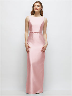 Satin column dress with bateau neckline, sleeveless, slim belt with bow trim, blush satin