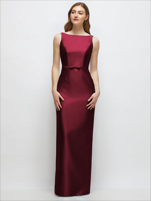 Burgundy satin column dress with bateau neck and bow-trimmed skinny belt