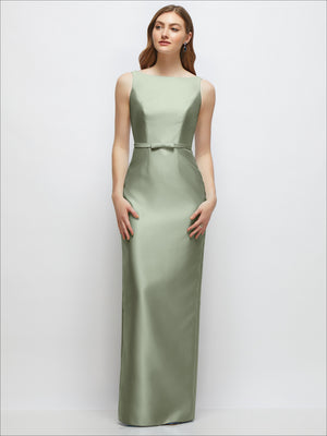 Sage satin column dress with sleeveless bateau neckline and slim waist belt