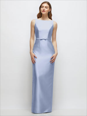 Light blue satin column dress, bateau neck, sleeveless, with skinny bow-trimmed belt