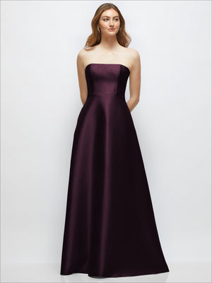 Strapless satin gown with full skirt, burgundy, front view.