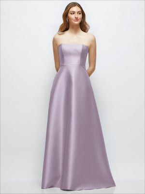 Lilac strapless satin gown with fitted bodice and full A-line skirt