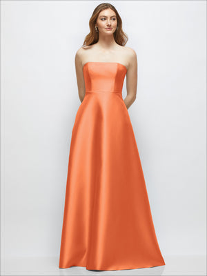 Peach/orange strapless satin gown with fitted waist and full A-line skirt, front view