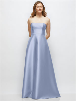 Light blue strapless satin gown with fitted bodice and full A-line skirt