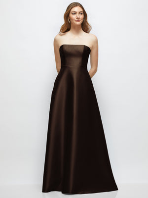 Dark brown strapless satin gown with fitted bodice and full A-line skirt