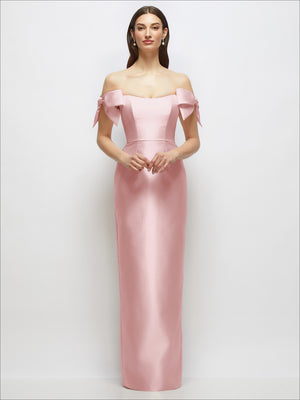 Pink satin column maxi dress with off-the-shoulder neckline and long shoulder bow ties