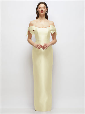 Light cream satin column maxi dress with off-the-shoulder bow sleeves