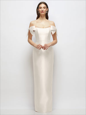 White satin column maxi dress with off-the-shoulder bows, straight neckline