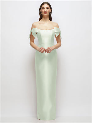 Pale mint satin column maxi dress with off-the-shoulder bows and sweetheart neckline