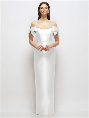 White satin column maxi dress with off-the-shoulder bows, centered front view