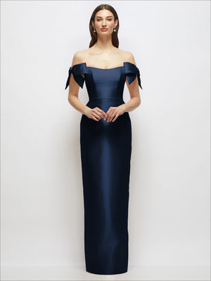 Dark navy satin column maxi dress with off-the-shoulder neckline and bow accents