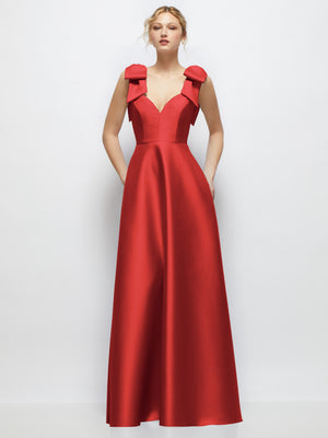 Red satin ball gown with deep V-neckline and shoulder bows, sleeveless full skirt.