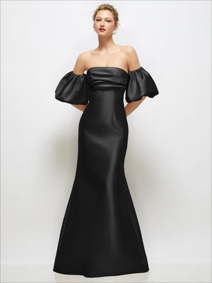Black satin off-shoulder maxi dress with puff sleeves and flared skirt