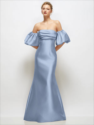 Light blue off-shoulder satin maxi dress with gathered bodice and puff sleeves