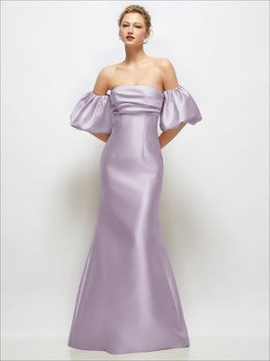 Light purple off-shoulder satin maxi dress with puff sleeves and flared skirt