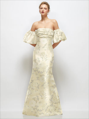 Off-shoulder floral satin maxi dress in pale cream, puff sleeves, flared skirt
