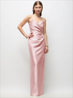 Blush pink strapless asymmetrical draped satin column maxi dress with sculpted wrap detail