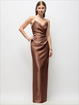 Mocha brown satin strapless column maxi dress with asymmetrical draped bodice