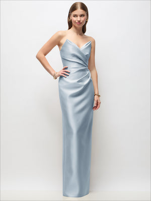 Light blue strapless asymmetrical draped satin column maxi dress with sweetheart neckline