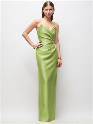 Light green satin strapless maxi dress with asymmetrical draped bodice and column shape