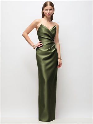 Olive green satin strapless maxi dress with asymmetrical draped bodice and column fit