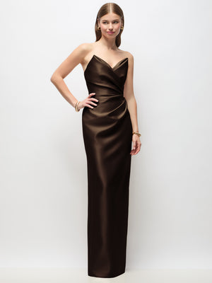 Dark brown satin strapless asymmetrical draped maxi column dress