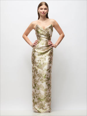 Strapless maxi dress in sage green and cream with draped abstract floral jacquard