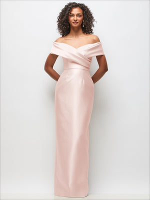 Satin off-the-shoulder maxi dress with draped wrap bodice, blush pink color.