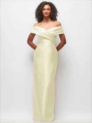 Pale yellow off-shoulder satin column maxi dress with draped neckline and straight fit