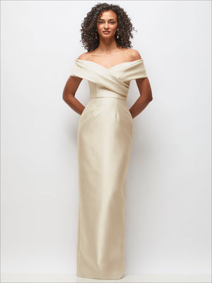 Ivory satin off-the-shoulder draped wrap maxi dress with column silhouette.