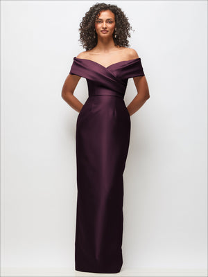 Satin off-the-shoulder maxi dress with draped wrap bodice, dark plum color.