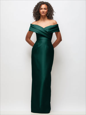 Deep green off-shoulder satin column maxi dress with draped neckline and fitted column design