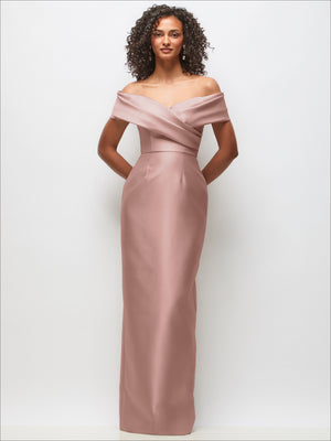 Soft blush satin off-the-shoulder draped wrap maxi dress with fitted column fit.