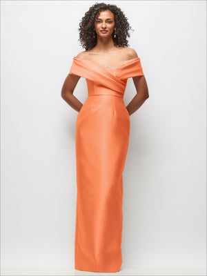 Orange off-the-shoulder satin column maxi dress with draped wrap bodice
