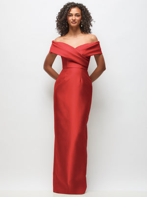 Off-the-shoulder satin maxi dress, draped neckline, red column silhouette