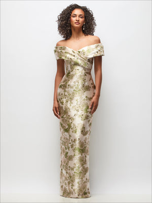 Off-shoulder draped wrap maxi dress, abstract floral jacquard in peridot-blush tones