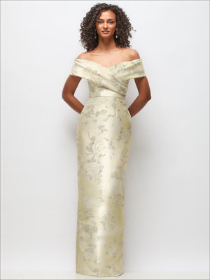 Draped wrap off-the-shoulder satin maxi dress, warm beige with pale floral print