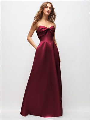 Burgundy satin strapless maxi dress with bow-twist neckline and full skirt