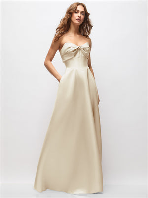 Ivory strapless satin maxi dress with sweetheart neckline and twisted bust detail