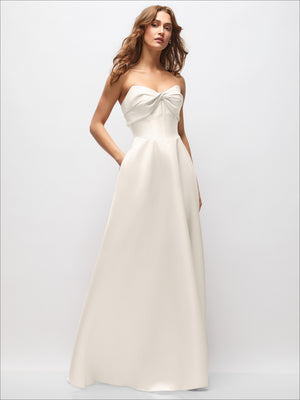 Light pink satin strapless maxi dress with twisted bust bow, basque waist, full A-line skirt