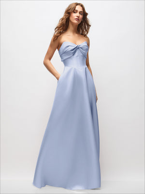 Light blue strapless satin maxi dress with twist bow neckline and full skirt