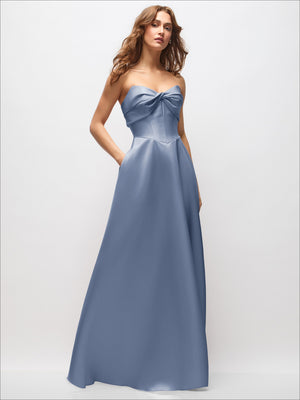 Light blue strapless satin maxi dress with twisted neckline and full skirt